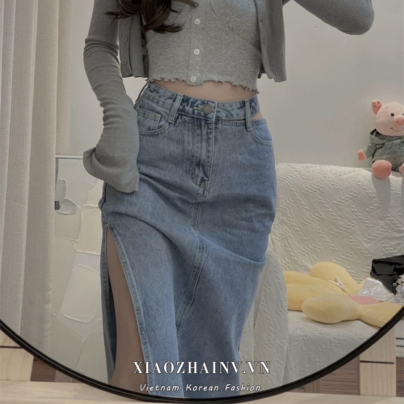 Chân váy jean XIAOZHAINV dáng chữ A lưng cao xẻ tà quyến rũ thời trang Hàn Quốc cho nữ