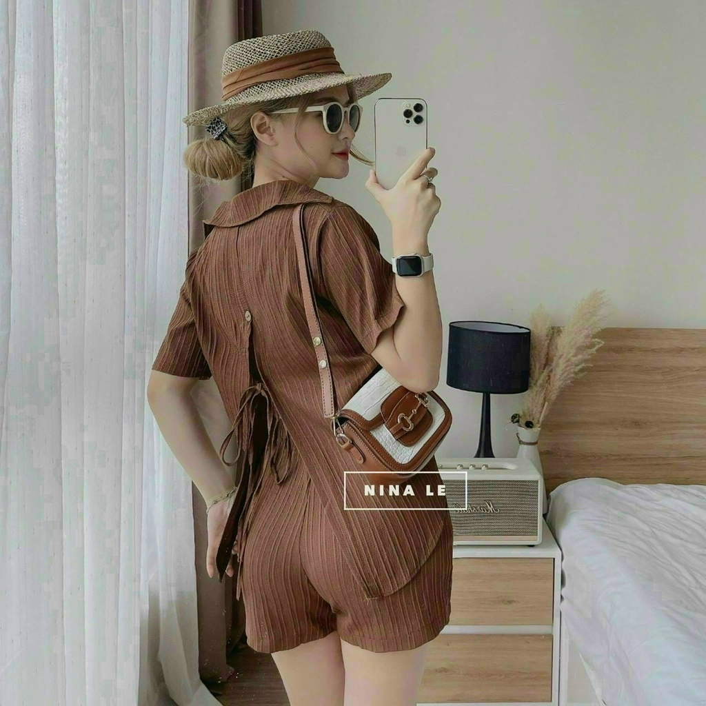 Set đồ nữ đi chơi, set đồ nữ cá tính với quần đùi ngắm kèm áo sơ mi kiểu nữ form rộng chất đũi gân cực đẹp