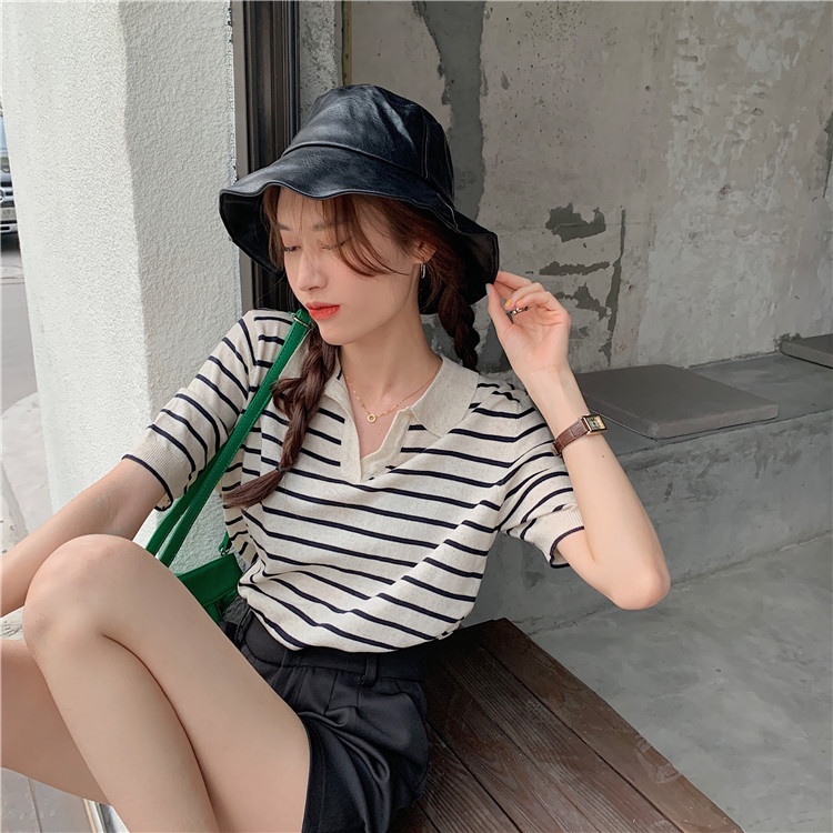 Porozi  Áo thun polo  tay ngắn cổ chữ V họa tiết kẻ sọc thời trang Hàn Quốc cho nữ