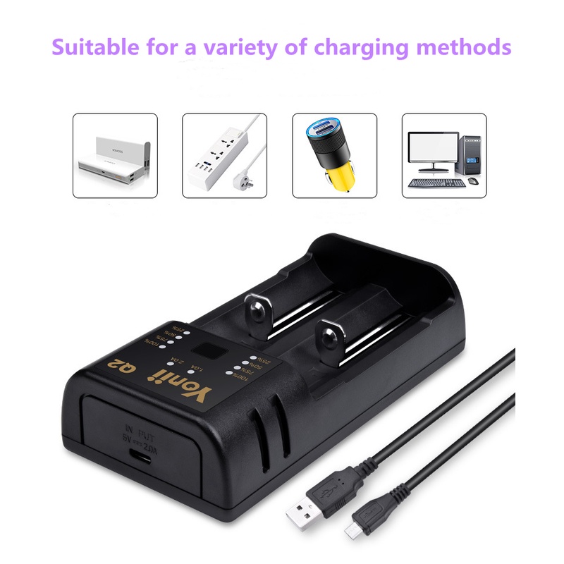 Thiết bị sạc pin WURKKOS Q2 2 khe cắm USB cho 18650 26650 21700 36650