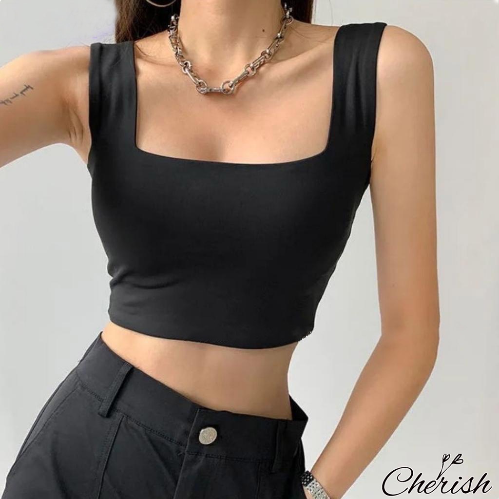 Áo Croptop Hai Dây Bản To Không Tay Sát Nách Cổ Vuông Ôm Body, Áo Ba Lỗ Nữ Croptop CHERISH-AT01