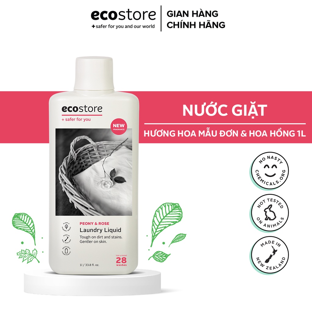 Nước giặt gốc thực vật ECOSTORE 1L Hương Hoa hồng & Mẫu đơn sạch khuẩn - dịu da - bền vải