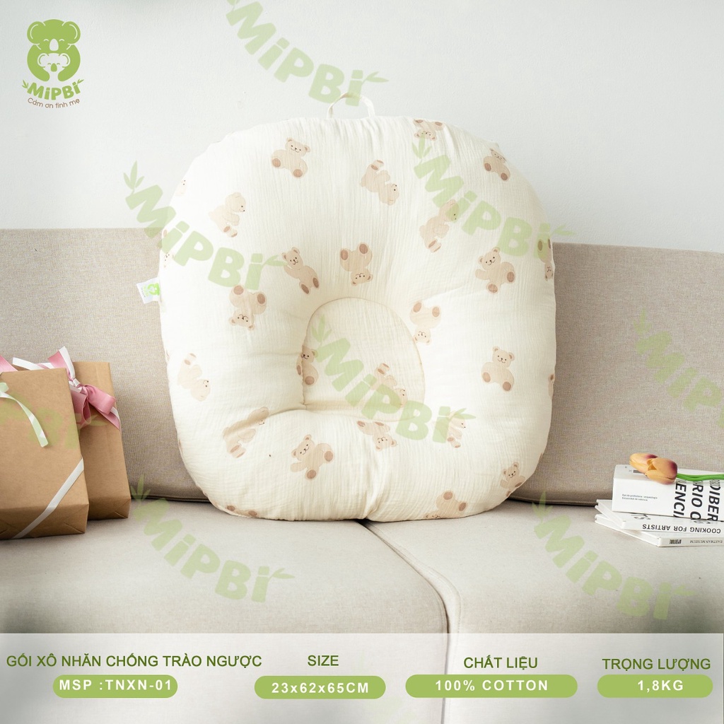 Gối chống trào ngược cho bé Mipbi vải xô Muslin Organic cao cấp mềm mại cho bé nằm chống chớ, thoải mái, dễ chịu
