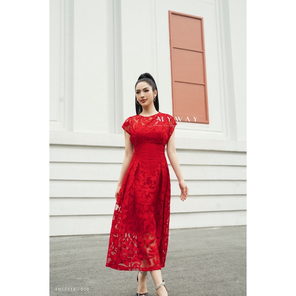 Đầm Ren Đỏ Nữ MY WAY Dáng Xòe Tay Cánh Tiên Quý Phái 3MD0216