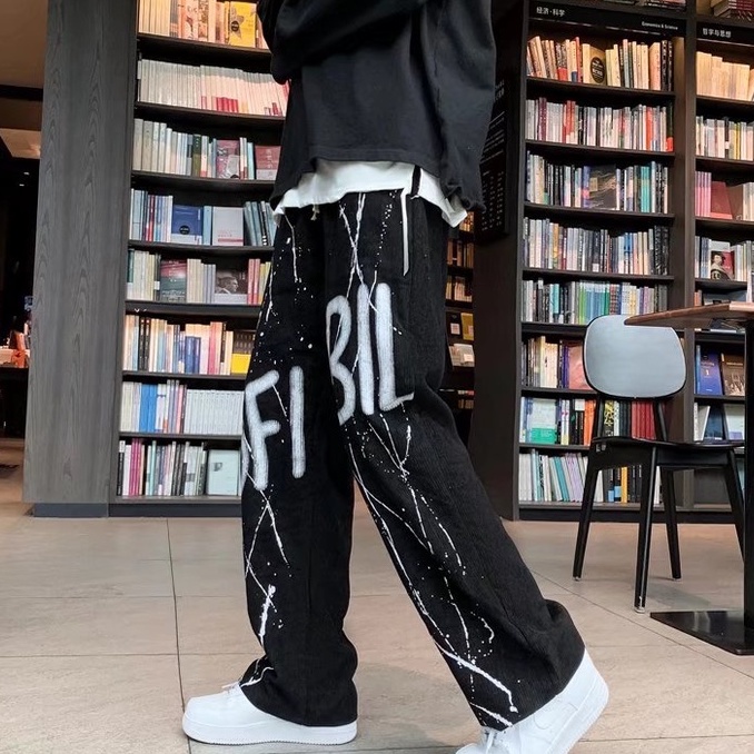 Quần dài dáng rộng ống suông phong cách đường phố Mỹ cá tính cho nam quần jean nam in chữ Quần tây nam sọc thời trang phong cách hàn quốc