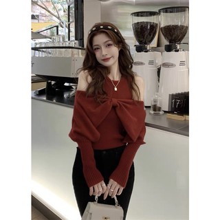 Áo len nơ ngực hở vai dáng croptop siêu xinh cherry vintage