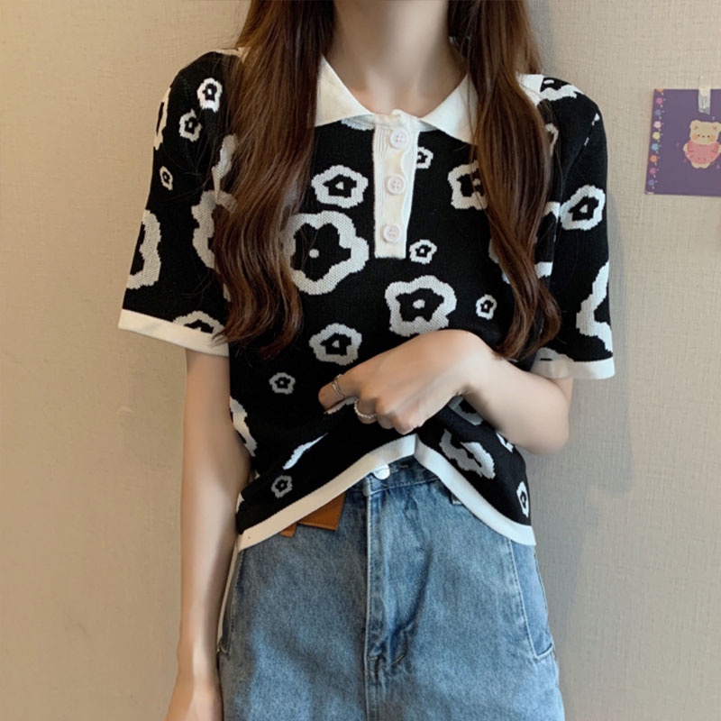 Áo Thun POLO Dệt Kim Tay Ngắn Dáng Ôm In Họa Tiết Xinh Xắn Thời Trang Hàn Quốc Cho Nữ