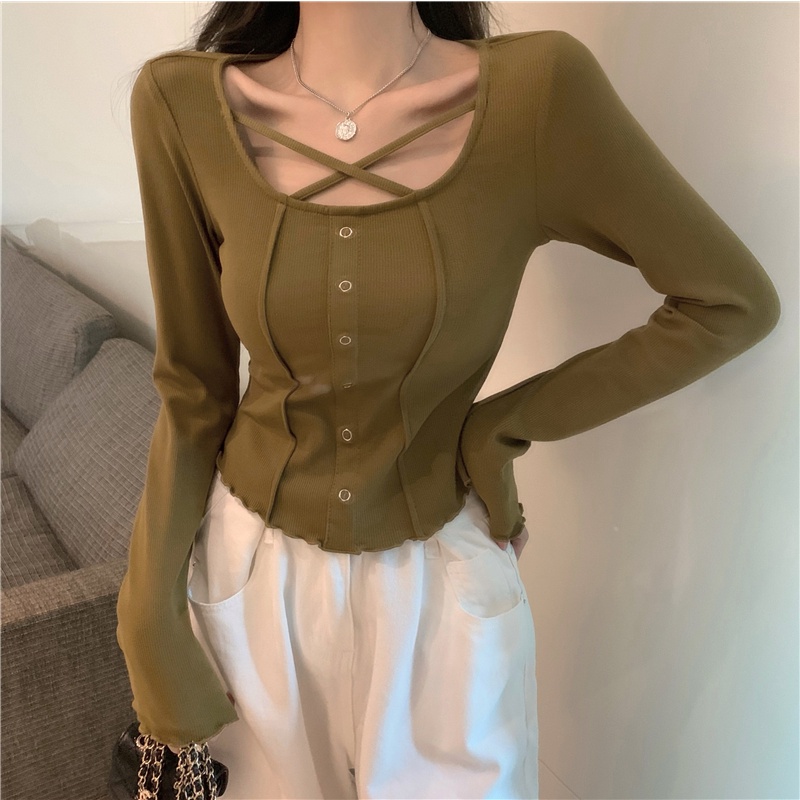 Áo kiểu ZHELIHANGFEI tay dài cổ phối dây đan chéo thời trang trẻ trung