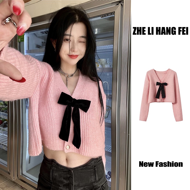 ZHELIHANGFEI Áo Cardigan Dệt Kim Tay Dài Cổ Chữ V Thắt Nơ Eo Xinh Xắn