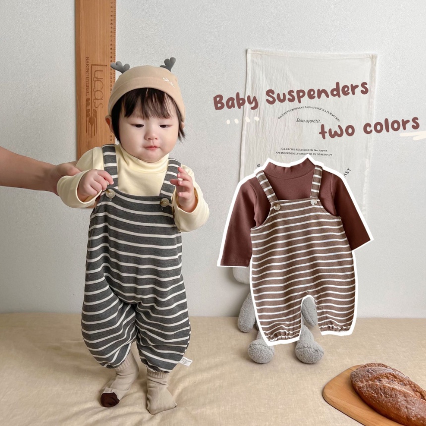 Mùa thu bé trai quần áo sơ sinh bé gái Áo liền quần mùa thu sọc dây đeo quần + áo sơ mi xếp hai mảnh bộ bé romper 1-3 tuổi