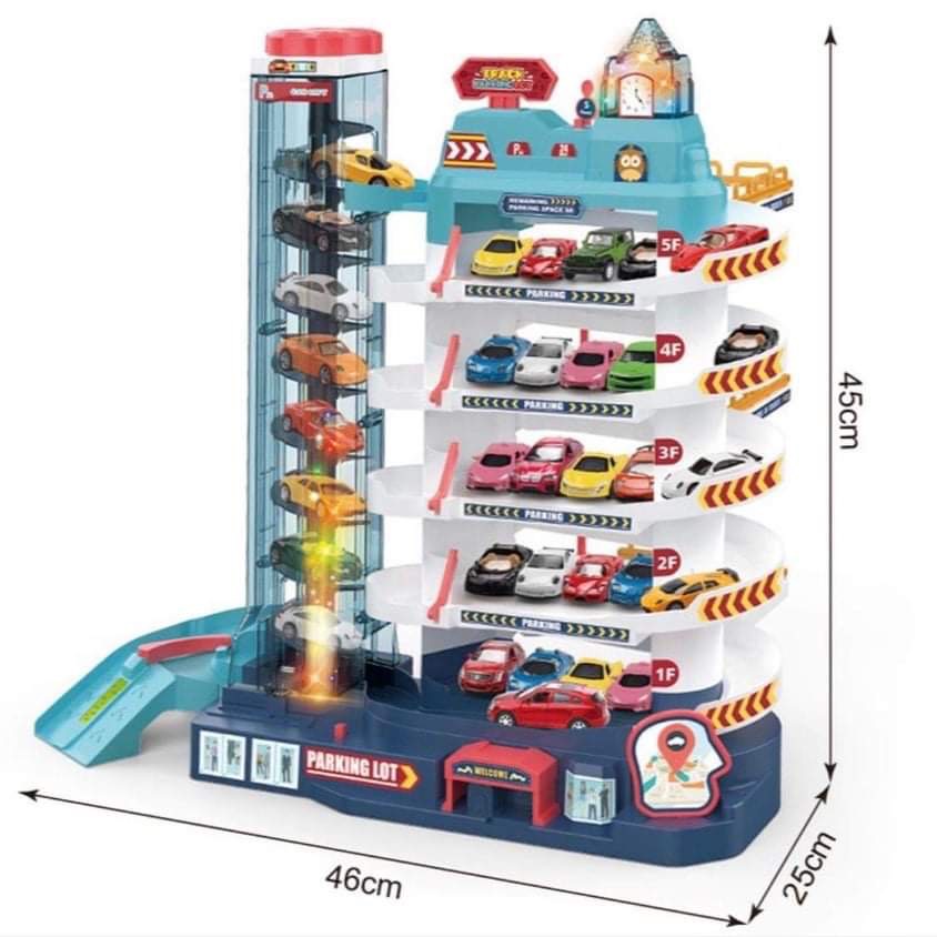 Bộ Đồ Chơi Khủng Long Đường Đua  siêu tốc kết hợp Garage Đỗ Xe Ô Tô 5 tầng Tặng Kèm Nhiều Xe