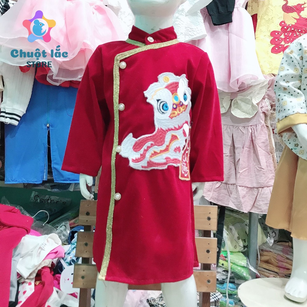 Áo dài cách tân bé trai thêu kỳ lân 10kg đến 28kg màu đỏ
