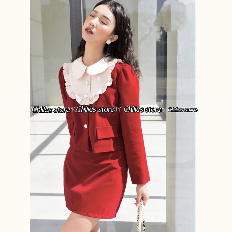 Set Váy Nhung Đỏ Kèm Quần Áo Croptop Cổ Sơ Mi  Trang Thiết Kế  Có Ảnh thật