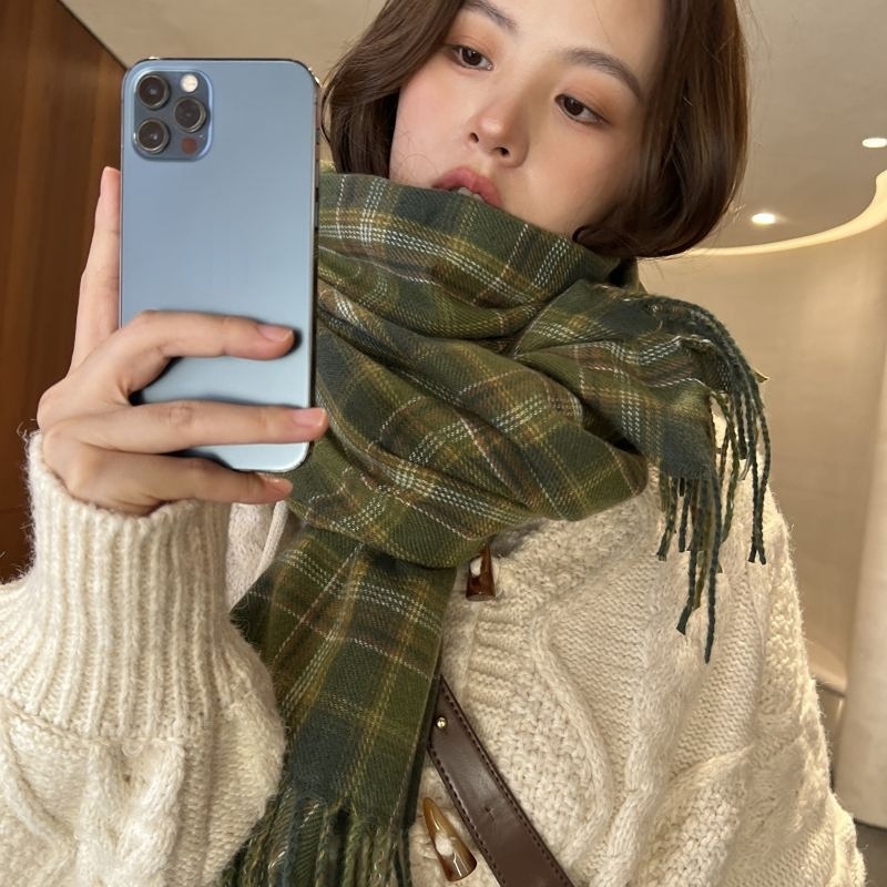 Khăn Choàng Cổ Mùa Đông Bằng Vải Cashmere Giả Mềm Ấm Áp Kẻ Sọc Caro Đỏ Nâu Xanh Lá Hàn Quốc Cho Nữ