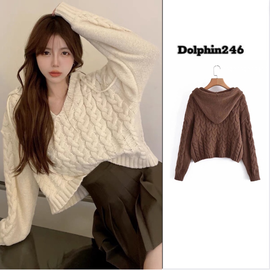 Áo len nữ Hoodie có mũ dệt kim vặn thừng form rộng thiết kế dây rút xinh xắn 2 màu kiểu Hàn Quốc