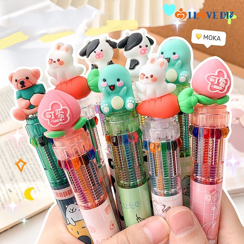 1 Bút Bi / 10 Lõi Thay Đổi Màu Sắc Hình Thỏ / Gấu Hoạt Hình Đáng Yêu