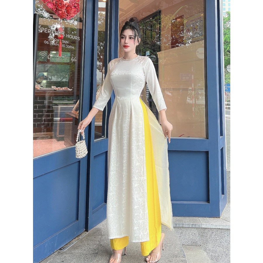 Áo dài gấm lụa hoa hồng viền cổ dễ thương AD018 - Lady Fashion