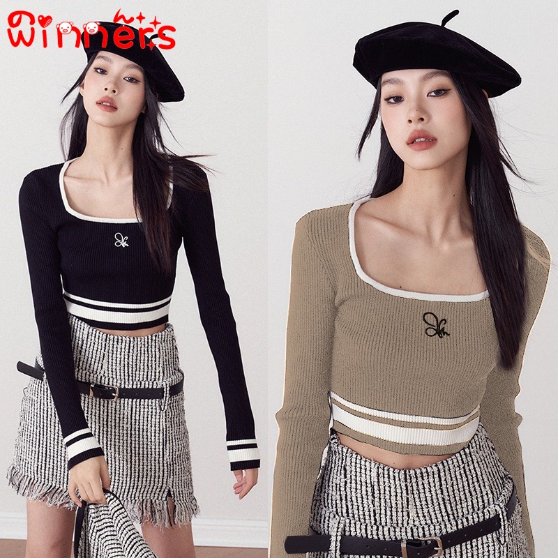 Áo Dệt Kim Tay Dài Cổ Vuông Màu Sắc Tương Phản Phong Cách Retro Dành Cho Nữ