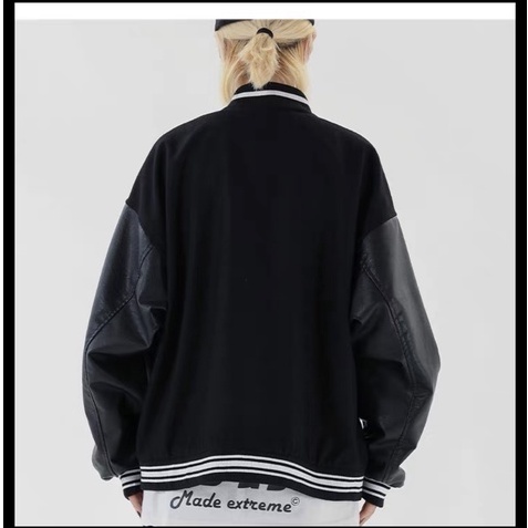 Áo Bomber, Áo Khoác Nỉ Dạ Phối Tay Da Thêu Nổi Chữ B Cao Cấp Cho Nam Nữ