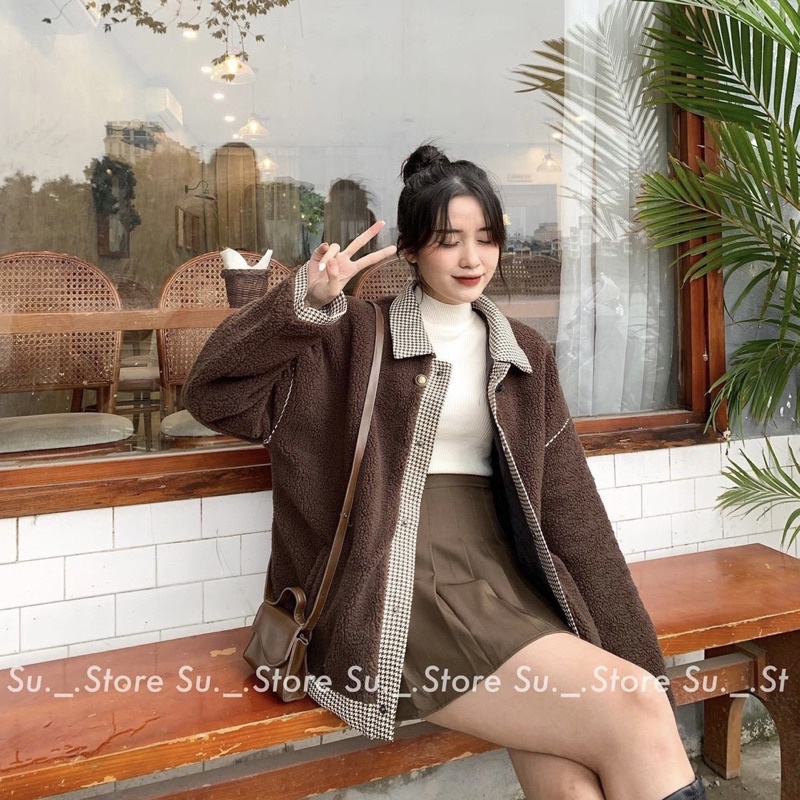 Áo khoác lông ulzzang cổ bẻ phối sơ mi dáng rộng cho nữ áo khoác lông cừu mùa đông phong cách Hàn Quốc