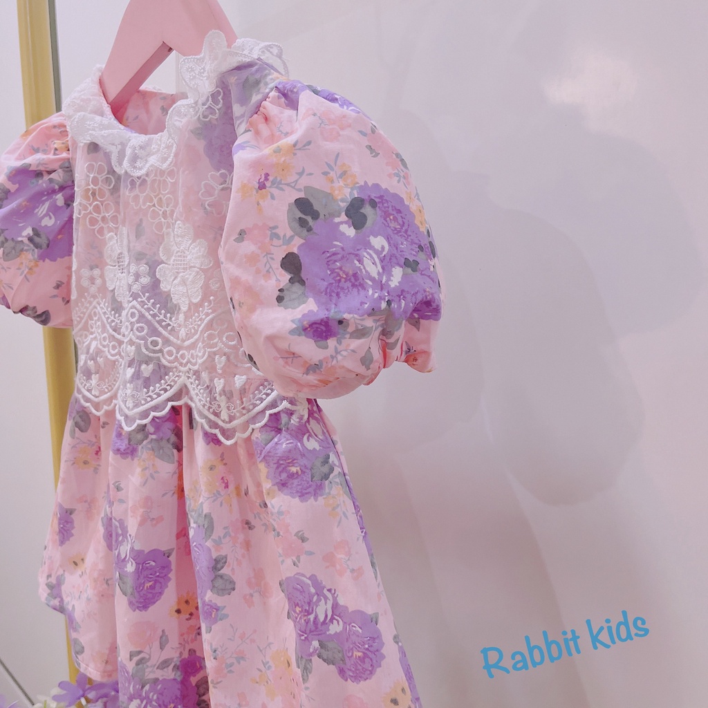 Đầm Bé Gái Size Đại 8-40kg💝FREESHIP💝 Rabbit Kids- Váy Công Chúa Hoa Tím Ren Bản To Cho Bé 5,6,7,8,9,10 tuổi