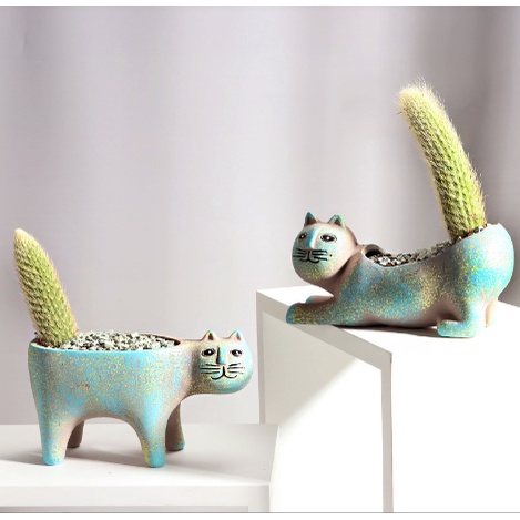 Chậu cây mèo màu xanh CHAU22 trồng hoa sen đá cây cảnh cute trang trí decor ống bút cắm đồ