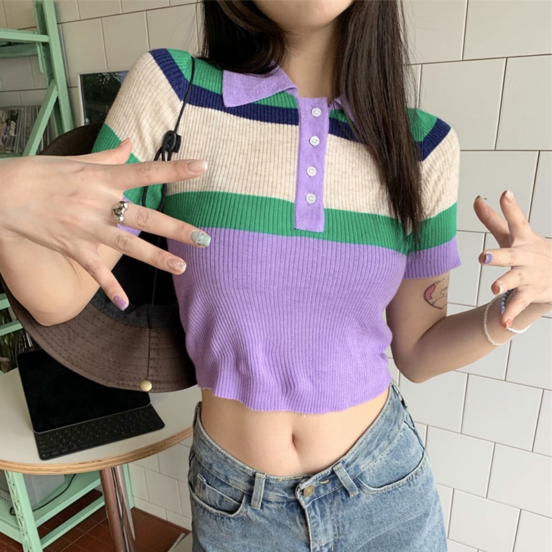 Áo Thun POLO Ngắn Tay Họa Tiết Kẻ Sọc Màu Tương Phản Thời Trang Hàn Quốc Cho Nữ