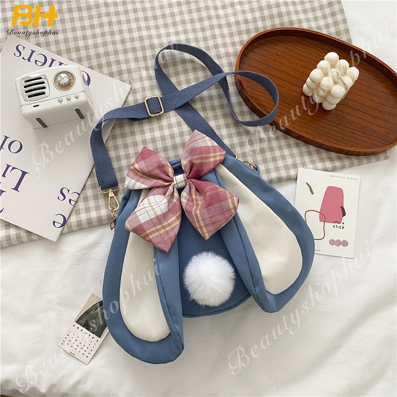 Túi Đeo Chéo Vải Canvas Đính Nơ Tai Thỏ Dễ Thương Thời Trang Cho Bạn Gái