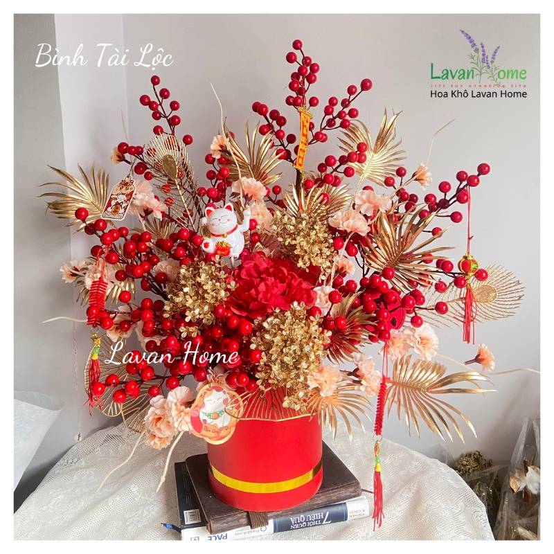 Bình hoa đào đông đỏ trang trí tết, quà tặng tết sang trọng, mang tài lộc cho năm mới, hoa để phòng khách, bàn tivi đẹp