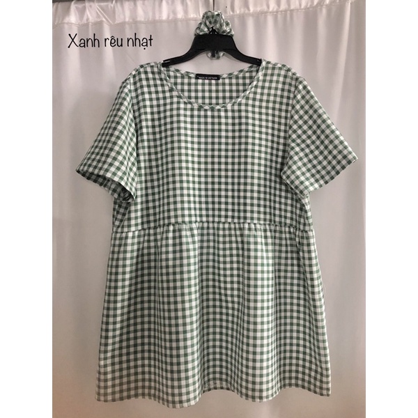 Áo babydoll caro tay ngắn xinh xắn tặng kèm scrunchie cùng màu