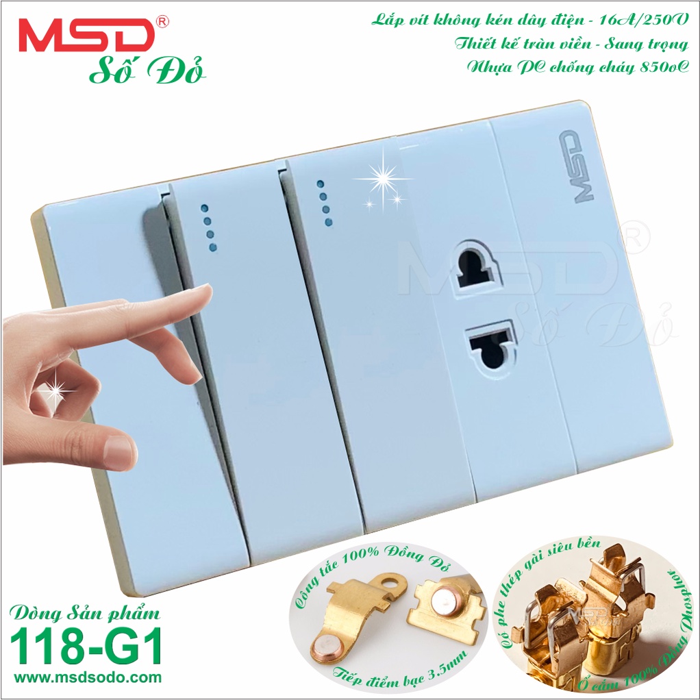 BỘ SẢN PHẨM: 2 CÔNG TẮC  + 1 Ổ CẮM 2 CHẤU - 15A250V  - DÒNG 118G1
