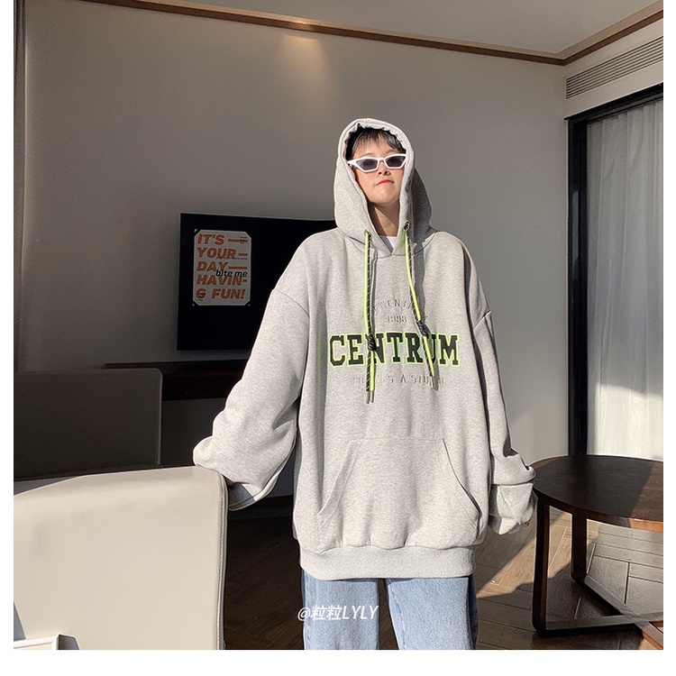 Áo Hoodie Nữ Dáng Rộng Thêu Chữ Phong Cách Hàn Quốc