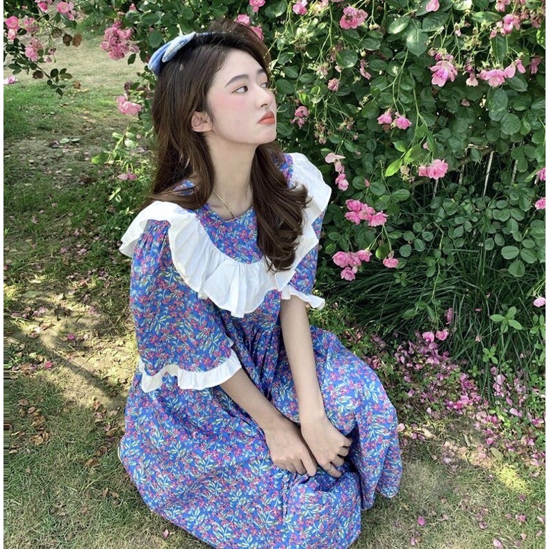 Váy Baby Doll Hoa Nhí Coban Xếp Bèo, Tiểu Thư Xinh Xắn