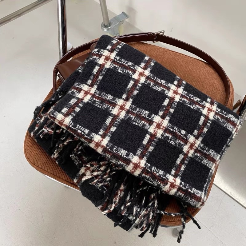 LOẠI 1 QC : KHĂN LEN ĐÔI KẺ CARO VINTAGE NAM NỮ COUPLE NÂU ĐEN BASIC