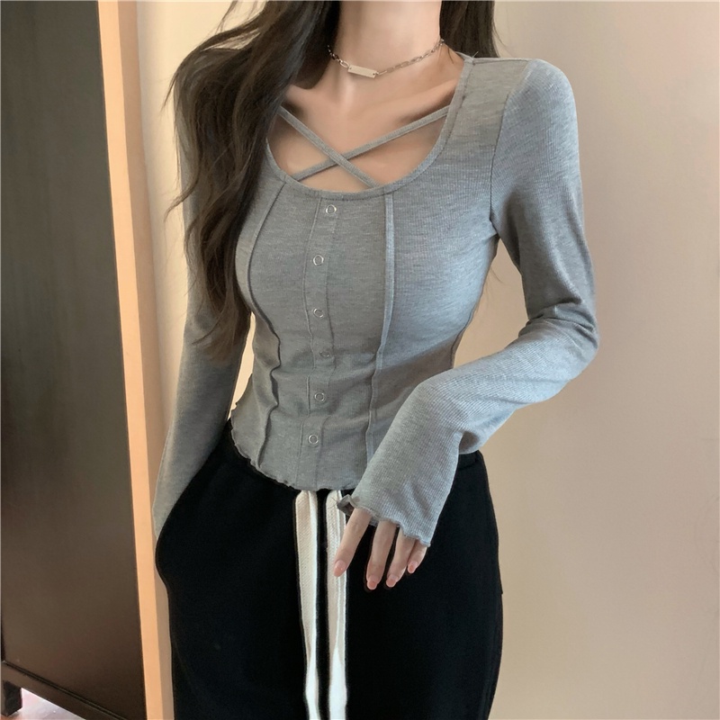 Áo kiểu ZHELIHANGFEI tay dài cổ phối dây đan chéo thời trang trẻ trung