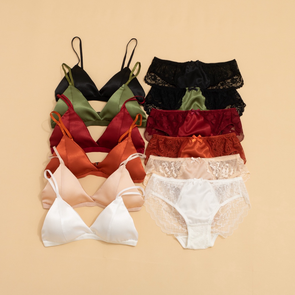 Set lụa xanh rêu Áo ngực không gọng Lamluy Bra lụa satin xanh rêu mềm mịn và quần dây