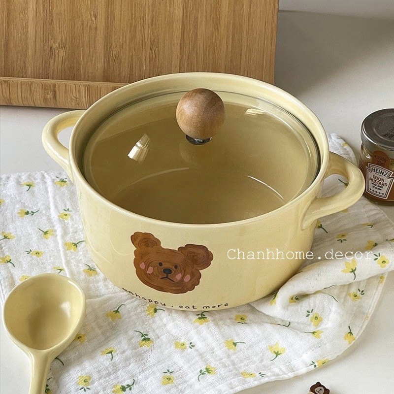 Tô nồi ăn gốm sứ nhỏ 730ml in hình Gấu Nâu kèm nắp thuỷ tinh, bát ăn chịu nhiệt nóng dùng ăn mì cơm |Chanhhome.decor|