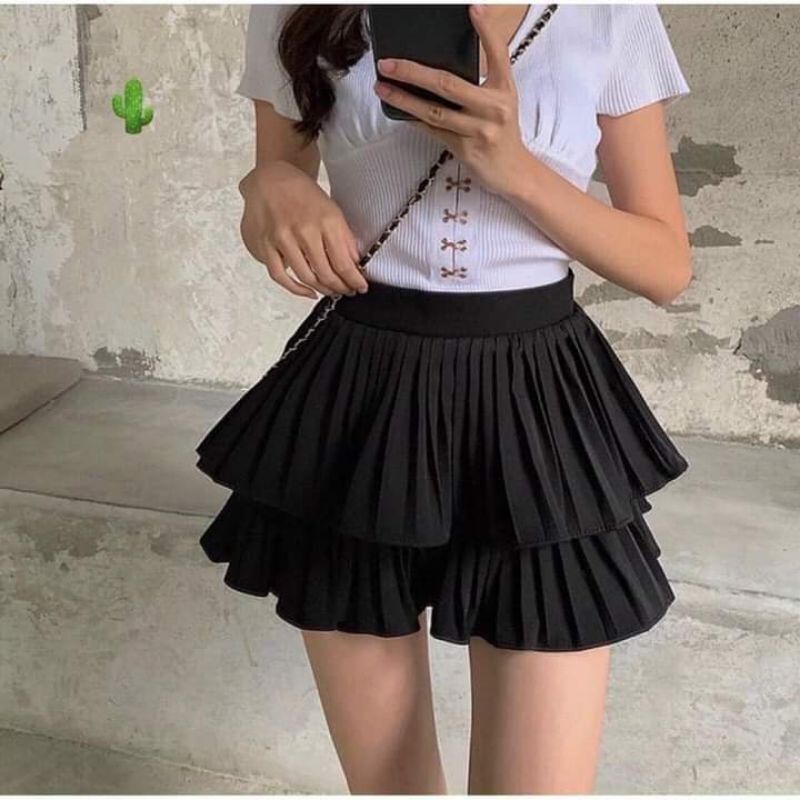 Chân váy dập ly 2 tầng dáng phồng có quần đùi bên trong