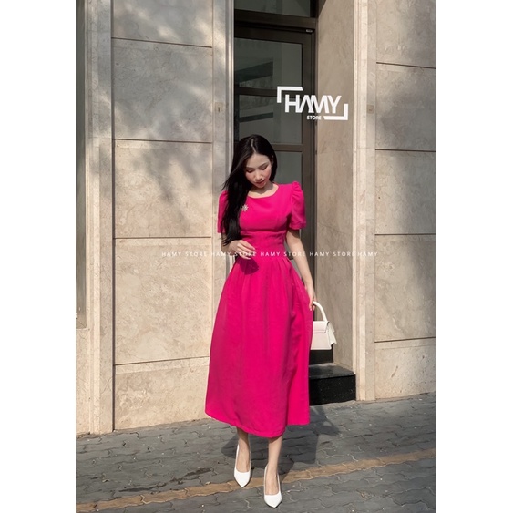 Đầm Cổ Tròn Tay Nhún Eo