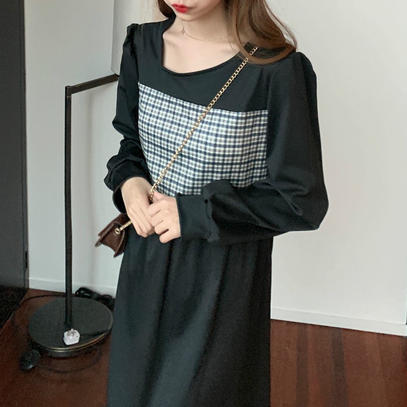 Đầm Dài Tay Họa Tiết Ca Rô Phong Cách Cổ Điển Thanh Lịch Dành Cho Nữ