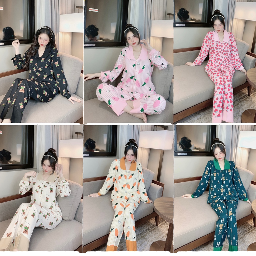 Bộ ngủ nữ tay dài cổ sen lụa mango nhiều họa tiết dễ thương, Pijama cao cấp mặc ở nhà