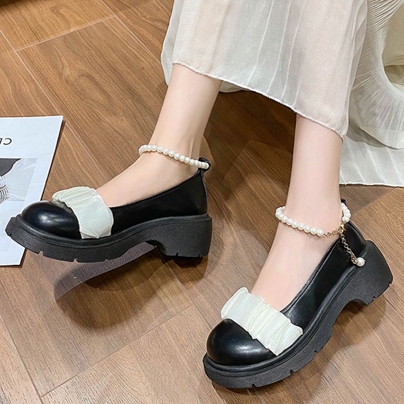 Giày Cao Cấp Phong Cách Mới Mary Jane Anh Quốc Đính Hạt Cườm Miệng Nông Đa Năng Cho Nữ