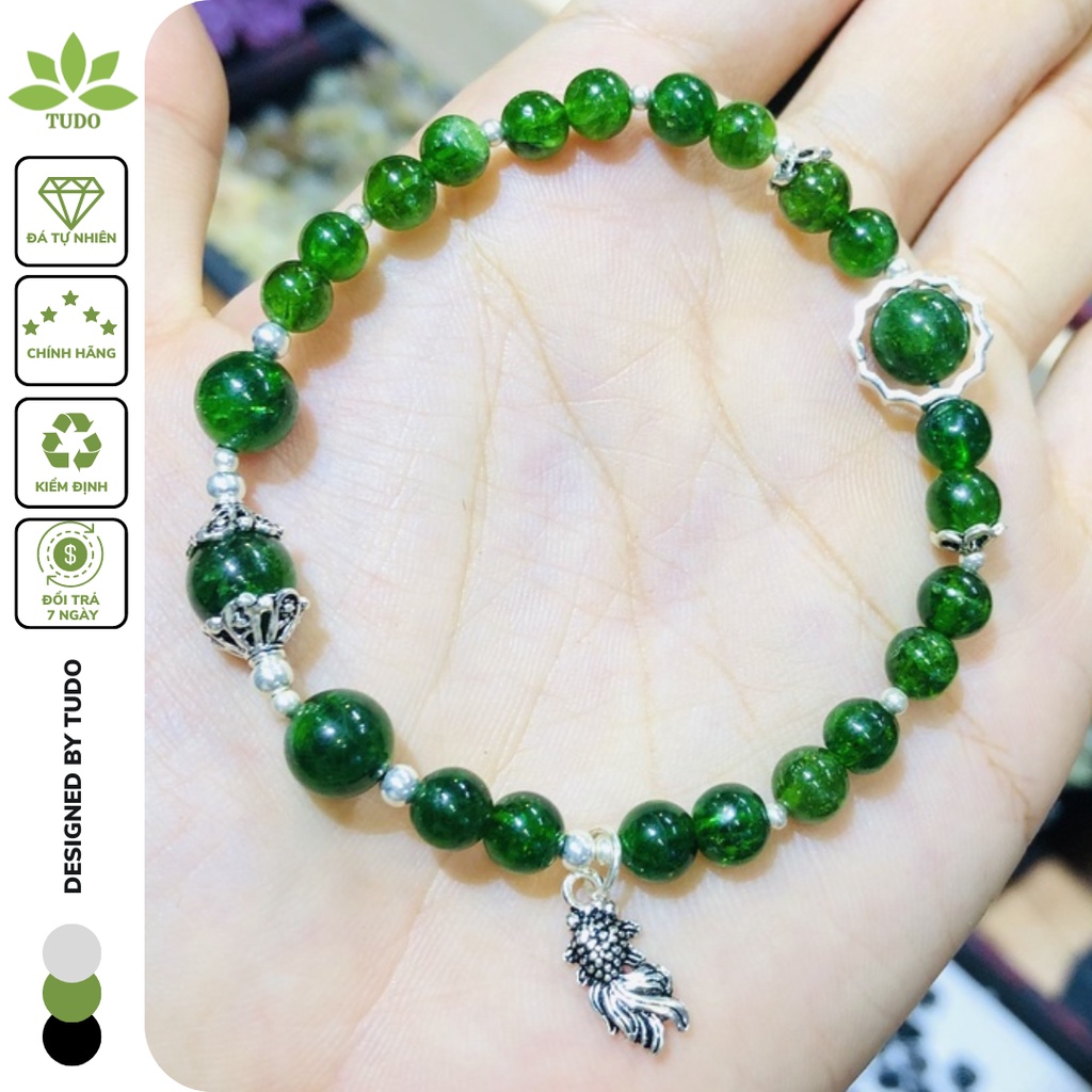 Vòng Tay Nữ charm bạc cá vàng TUDO mix diopsite xanh lá cho nữ mệnh Mộc Hỏa có kiểm định