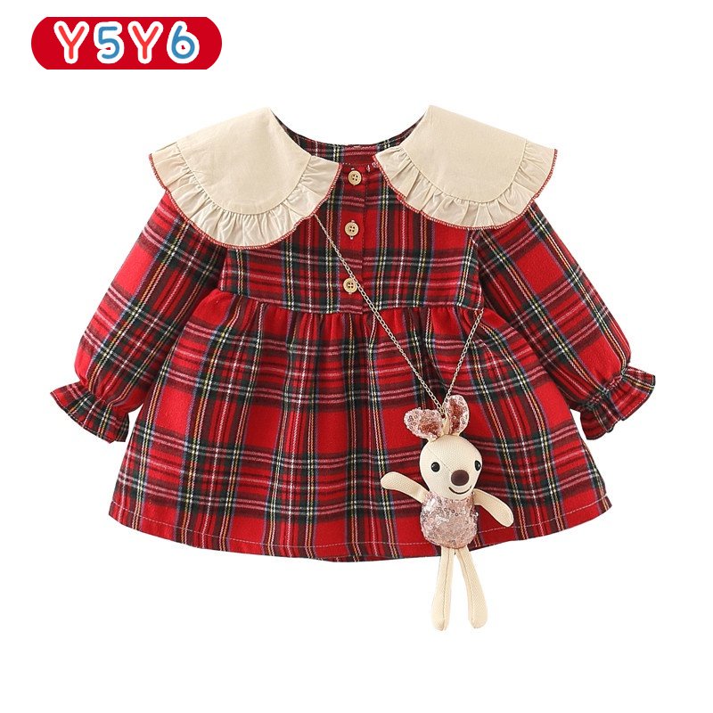 Y5Y6 Đầm Công Chúa Tay Dài Cổ Búp Bê Họa Tiết Caro / Thỏ Dễ Thương Thời Trang Xuân Thu Cho Bé Gái