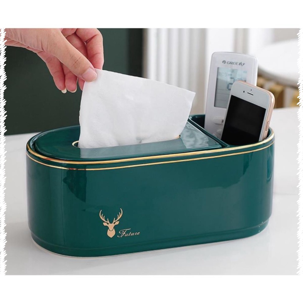 Hộp Đựng Giấy Ăn Đặt Bàn Gốm Sứ Xanh Ngọc Lục, Bản Cao Cấp. Phong Cách Bắc Âu Với Bộ Hươu Hoàng Gia.