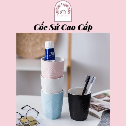 Cốc sứ đánh răng đựng bàn chải, Cốc uống nước đựng đồ đa năng dung tích 420ml họa tiết chấm tròn