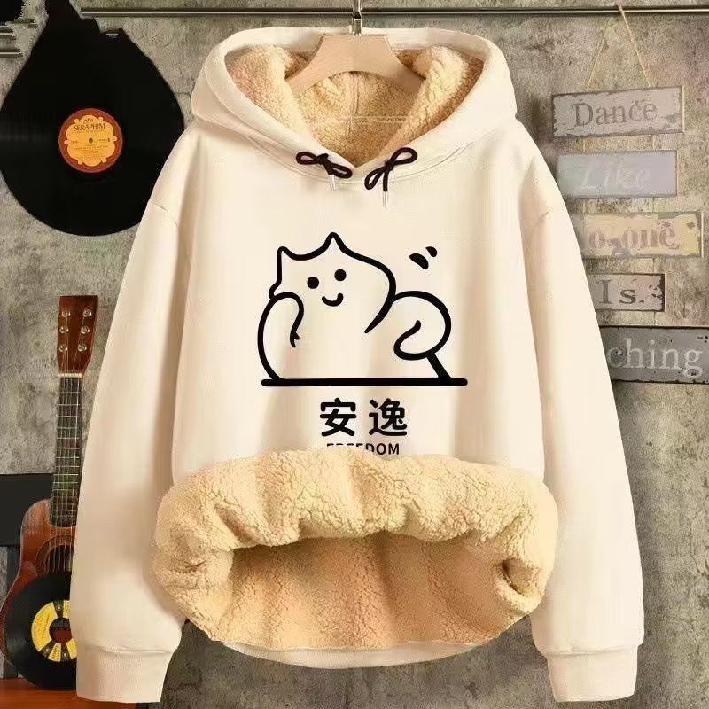 Áo Khoác Chui Đầu Có Mũ Trùm Dáng Rộng Bằng Lông Cừu In Họa Tiết Kiểu Hàn Quốc Thời Trang Thu Đông Cho Học Sinh