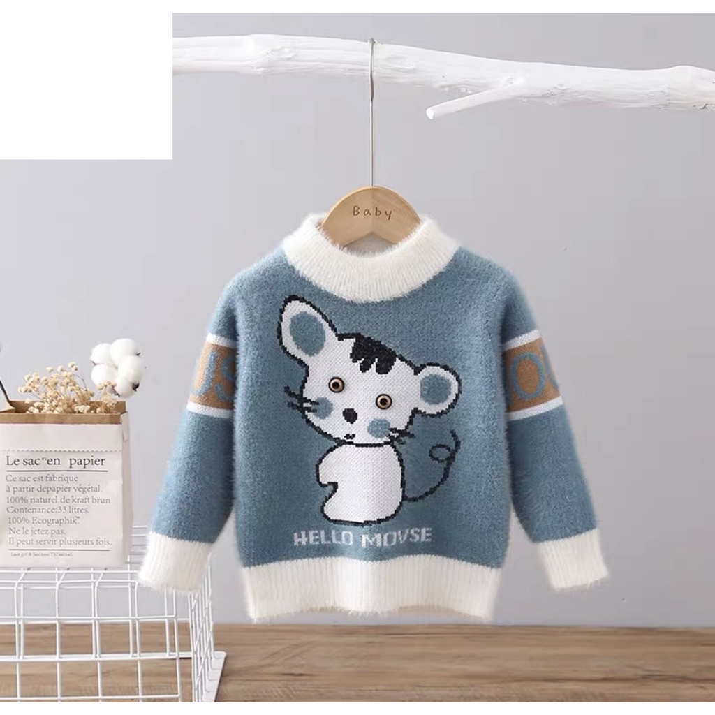Áo len lông thỏ dài tay hai lớp Quảng Chaau mẫu chuột cho bé 12-24kg