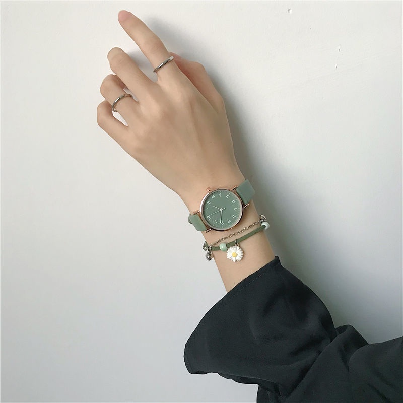 Đồng Hồ Thạch Anh Màu Xanh Lá Cây Đơn Giản Phong Cách Retro Cho Nữ Sinh Trung Học Trung Học