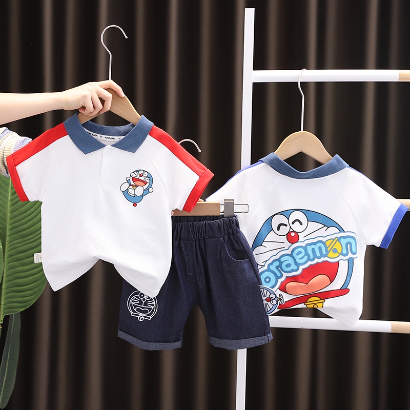 Bộ Áo Thun + Quần Sooc Chất Liệu Cotton In Họa Tiết Hoạt Hình Doremon Dễ Thương Thời Trang Mùa Hè Cho Bé Từ 0-5 Tuổi